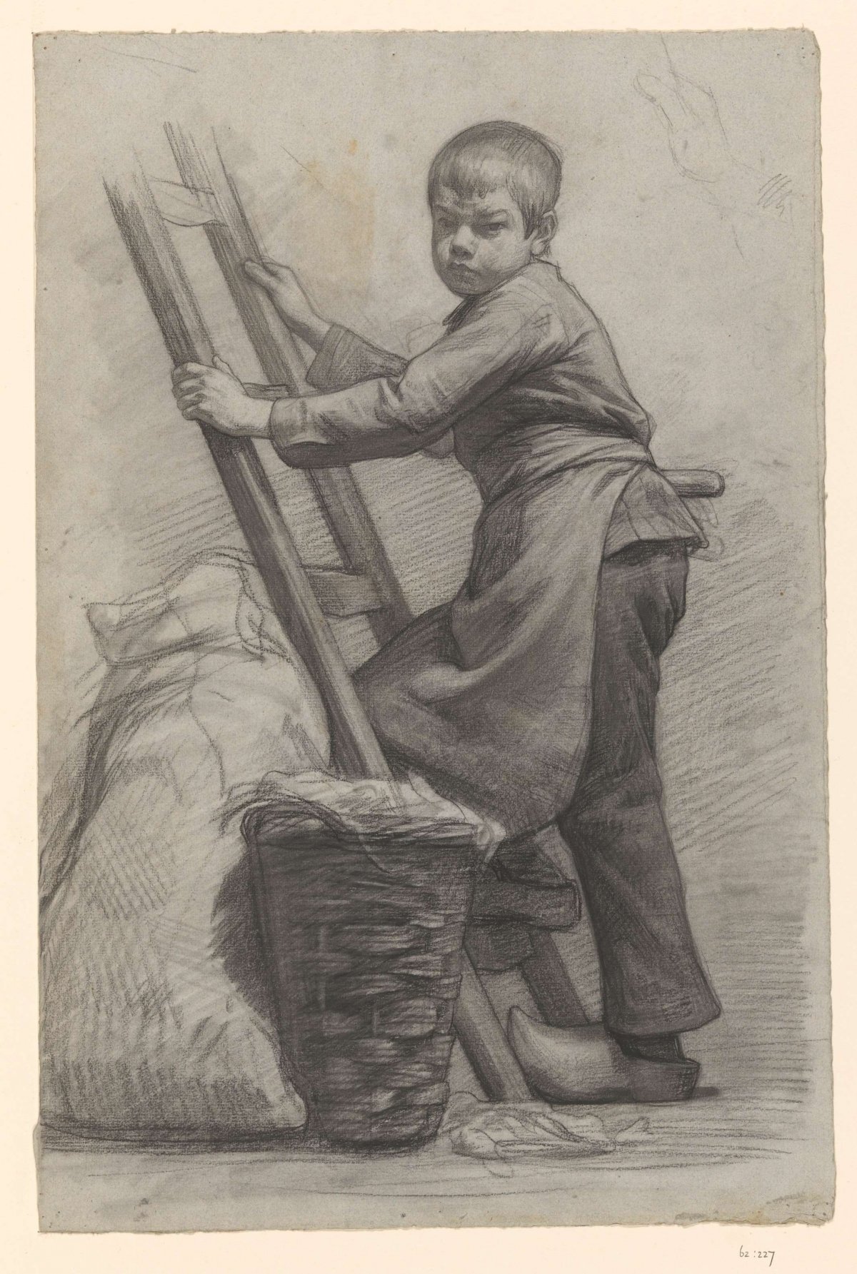Boy standing by a ladder and a basket, Jan Veth, 1874 - 1925