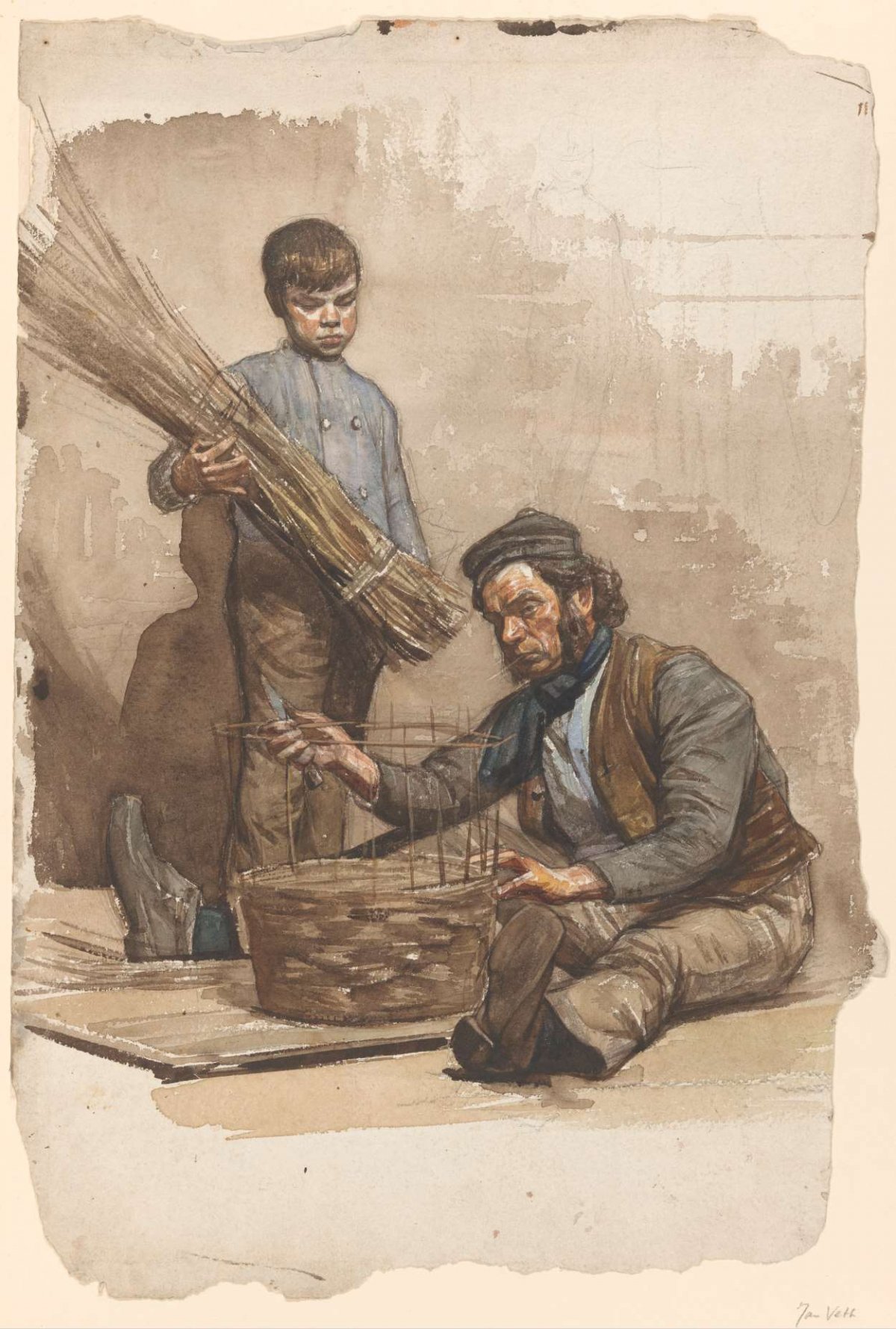 Seated basket weaver with standing boy, Jan Veth, 1874 - 1925