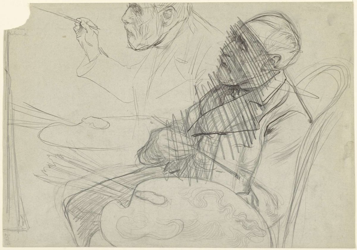 Sketch sheet with two studies of Joseph Israel at work, Jan Veth, 1874 - 1925