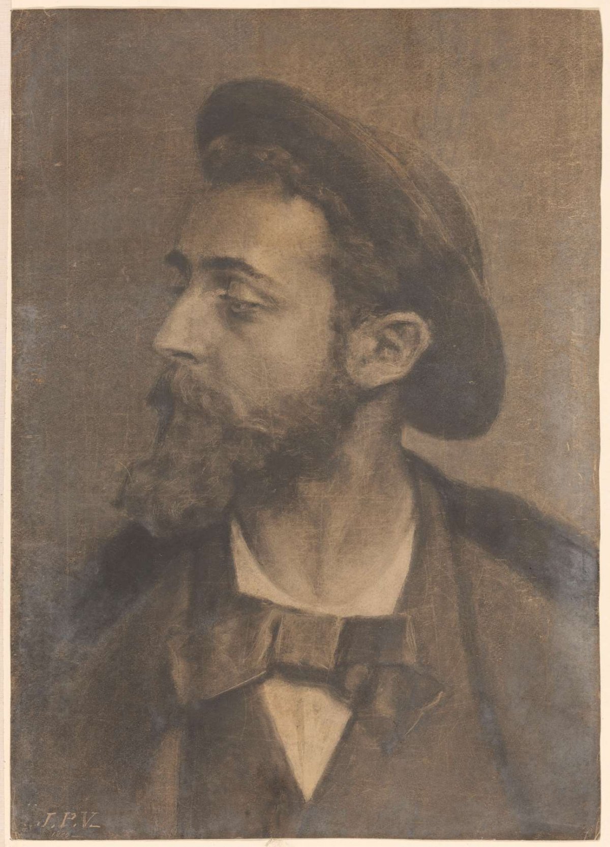 Portrait of a man with beard and hat, facing left, Jan Veth, 1880