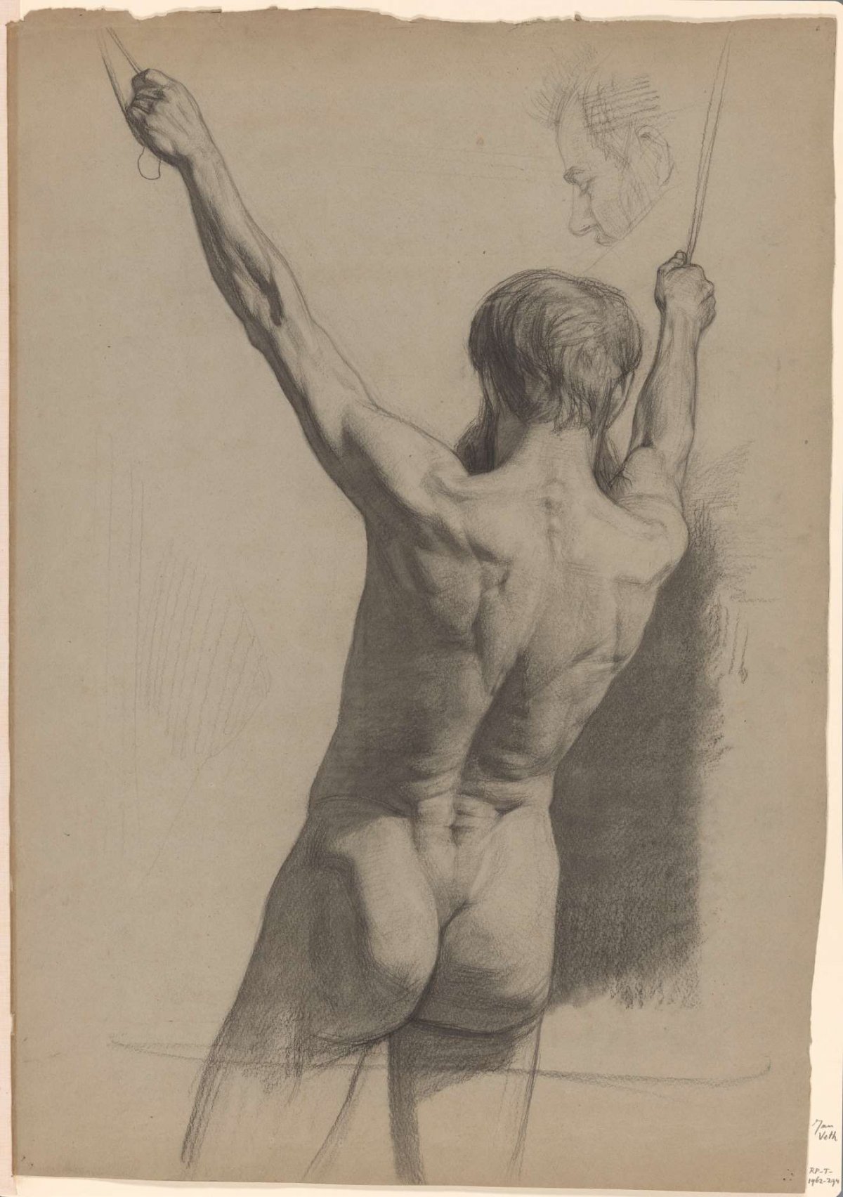 Standing male nude with arms raised, viewed from behind, Jan Veth, 1874 - 1925