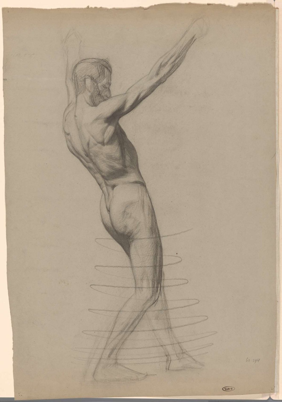 Standing male nude with arms raised, to the right, Jan Veth, 1874 - 1925
