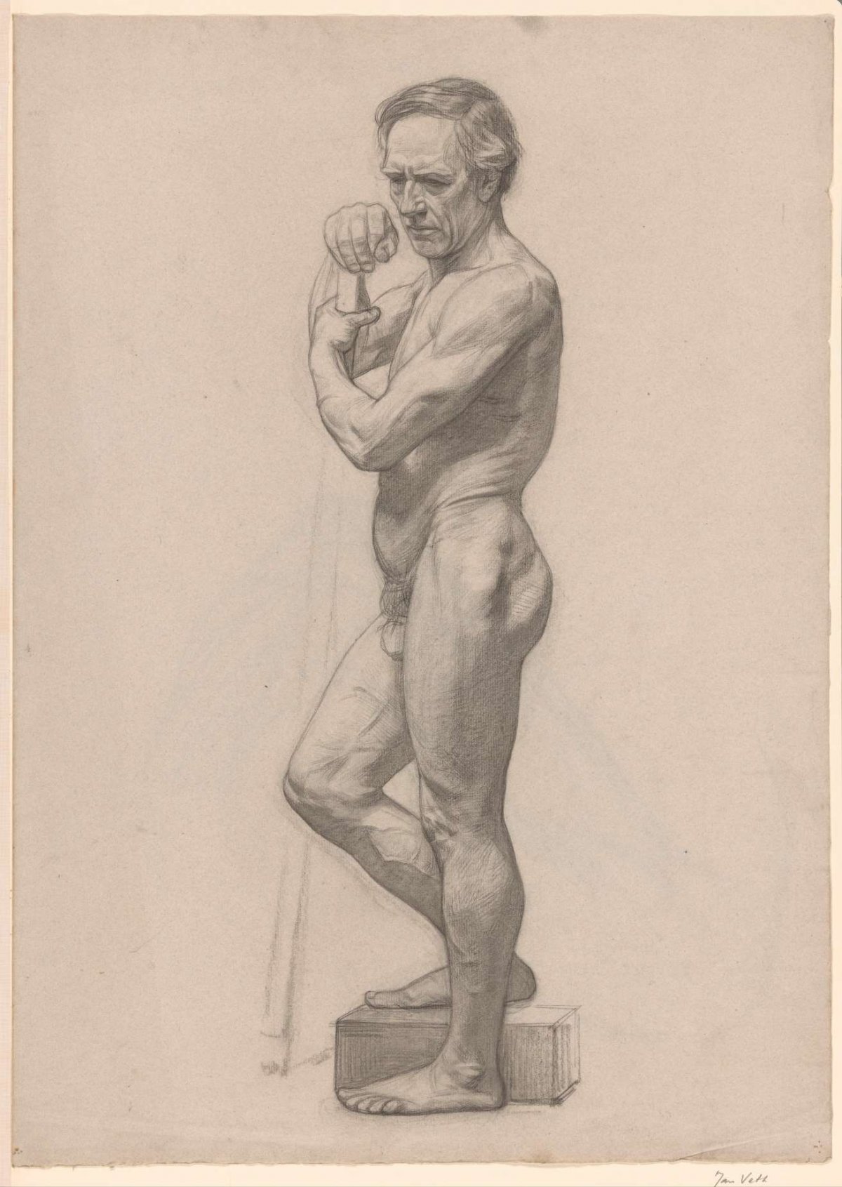 Standing male nude, with cane, facing left, Jan Veth, 1874 - 1925