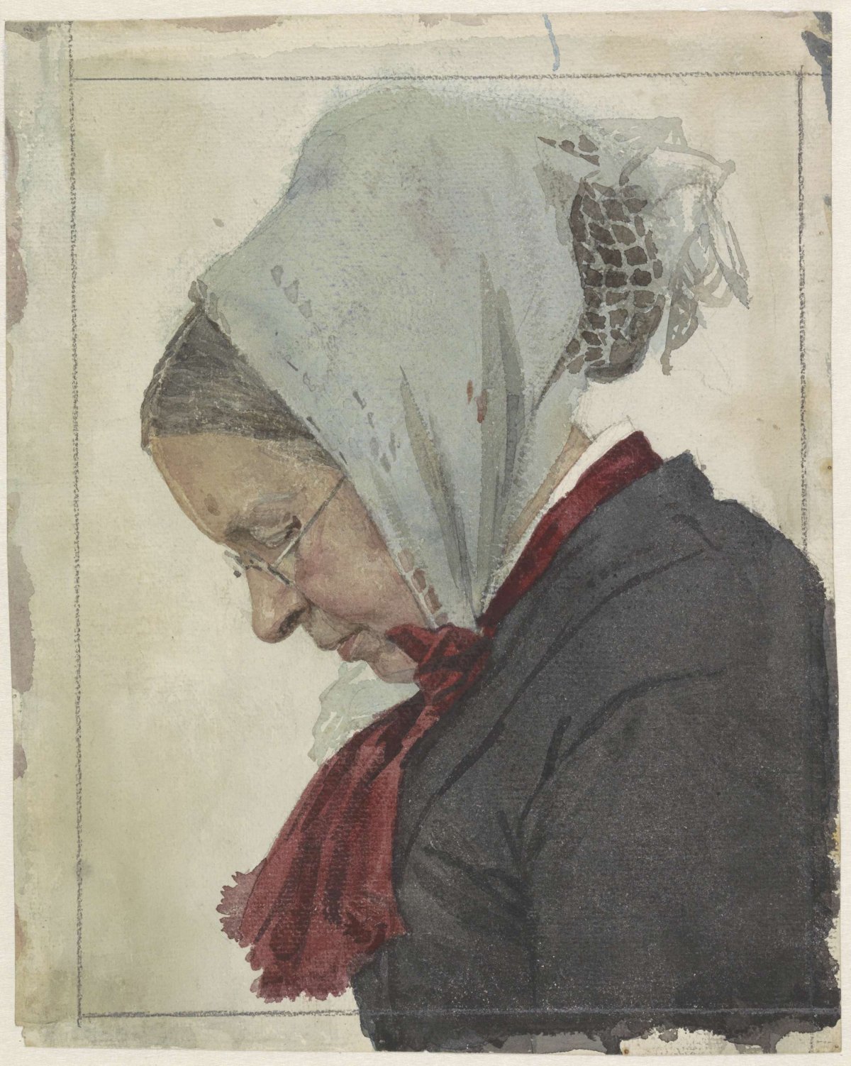 Old woman with headscarf and red scarf, Jan Veth, 1874 - 1925