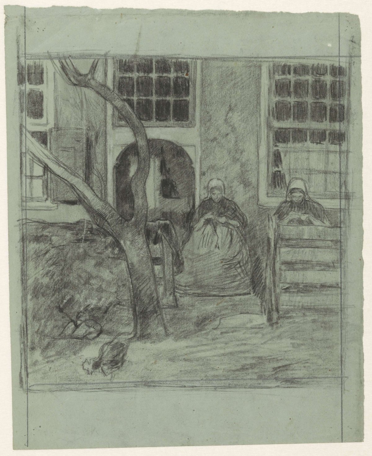 Two hand-working women in front of a house, Jan Veth, 1874 - 1925