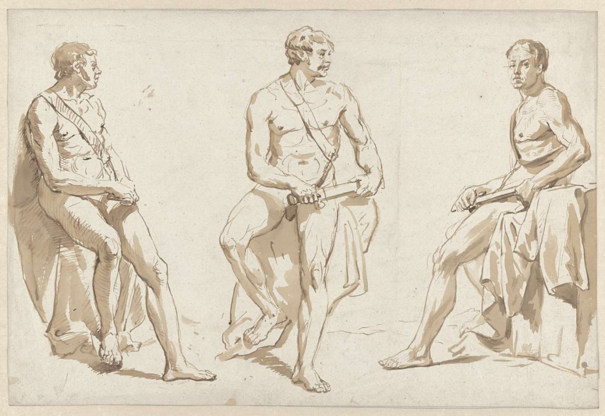 Three studies of a male nude model seated with a sword, Christiaan van Geelen jr., 1804 - 1826