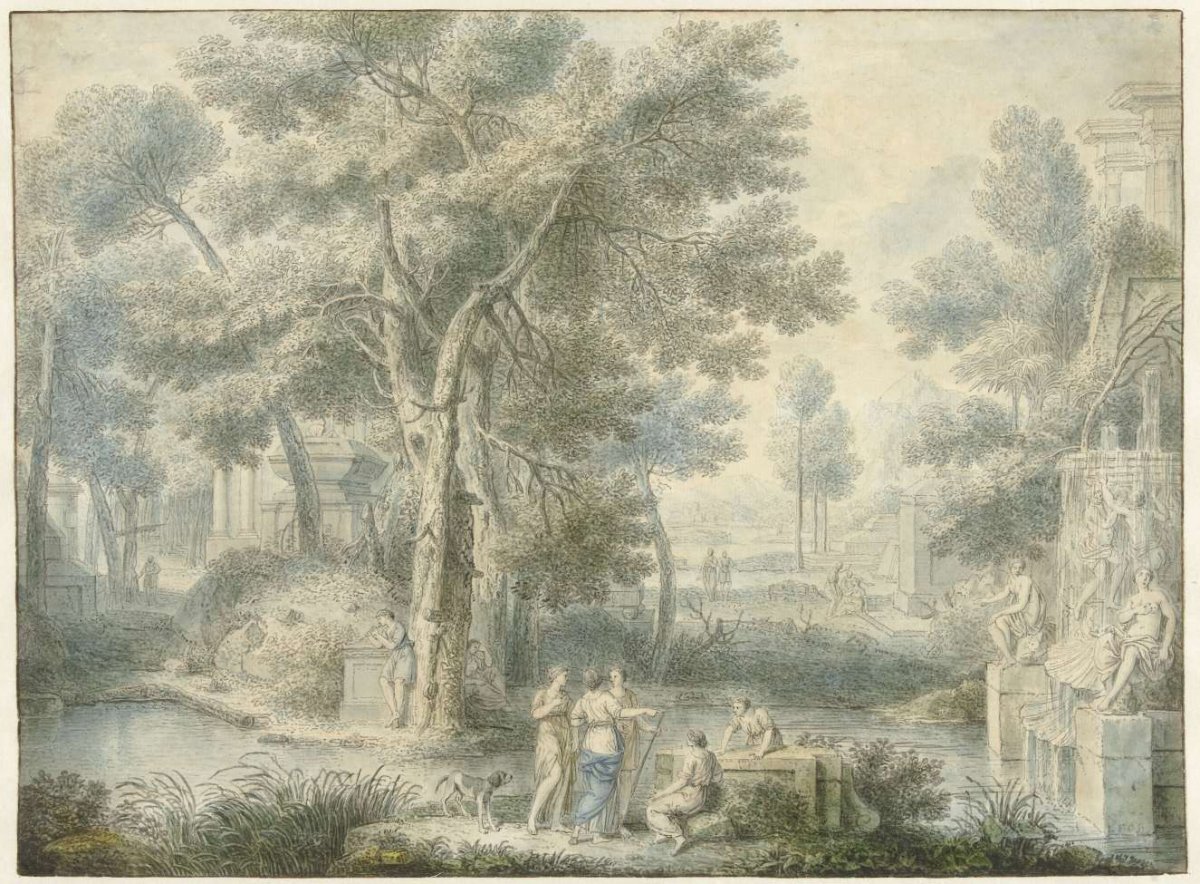 Arcadian landscape, with a fountain on the right, Louis Fabritius Dubourg, 1743