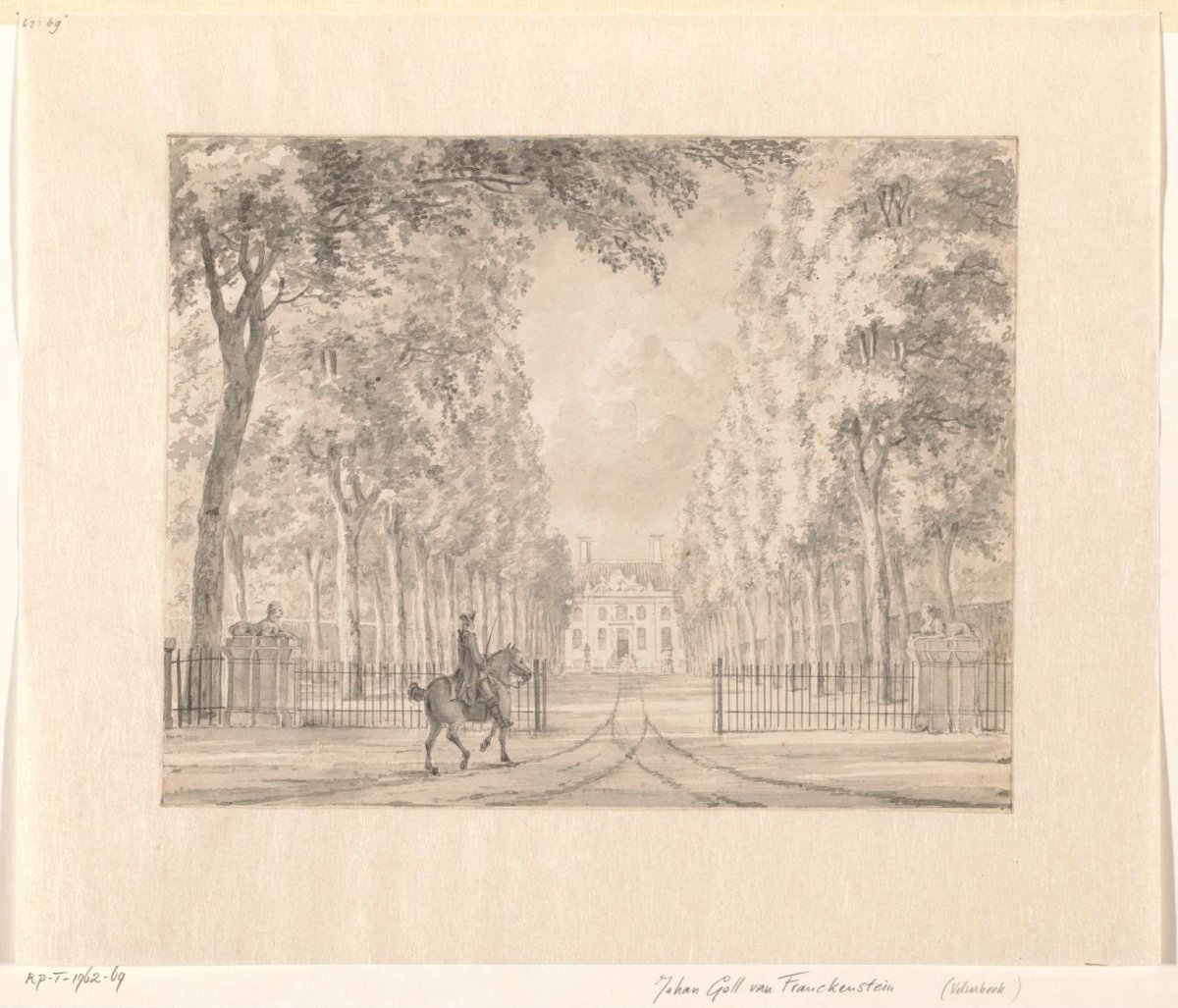 Rider in front of the fence of a country house (Velserbeek?), Johann Goll van Frankenstein (I), 1732 - 1785