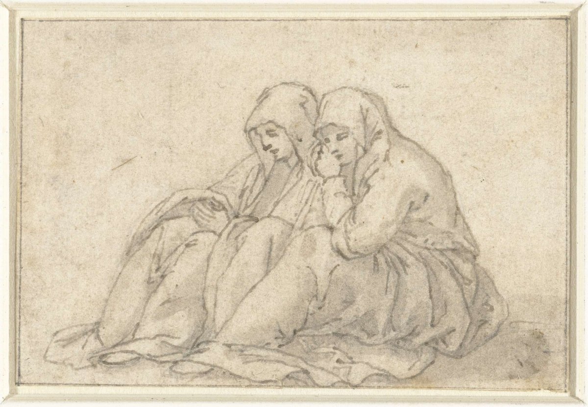 Two women sitting on the ground, grieving, anonymous, 1600 - 1699