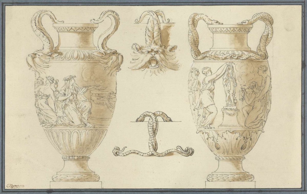 Designs for two garden vases, with detail studies of the handles, C. Kayser, 1773