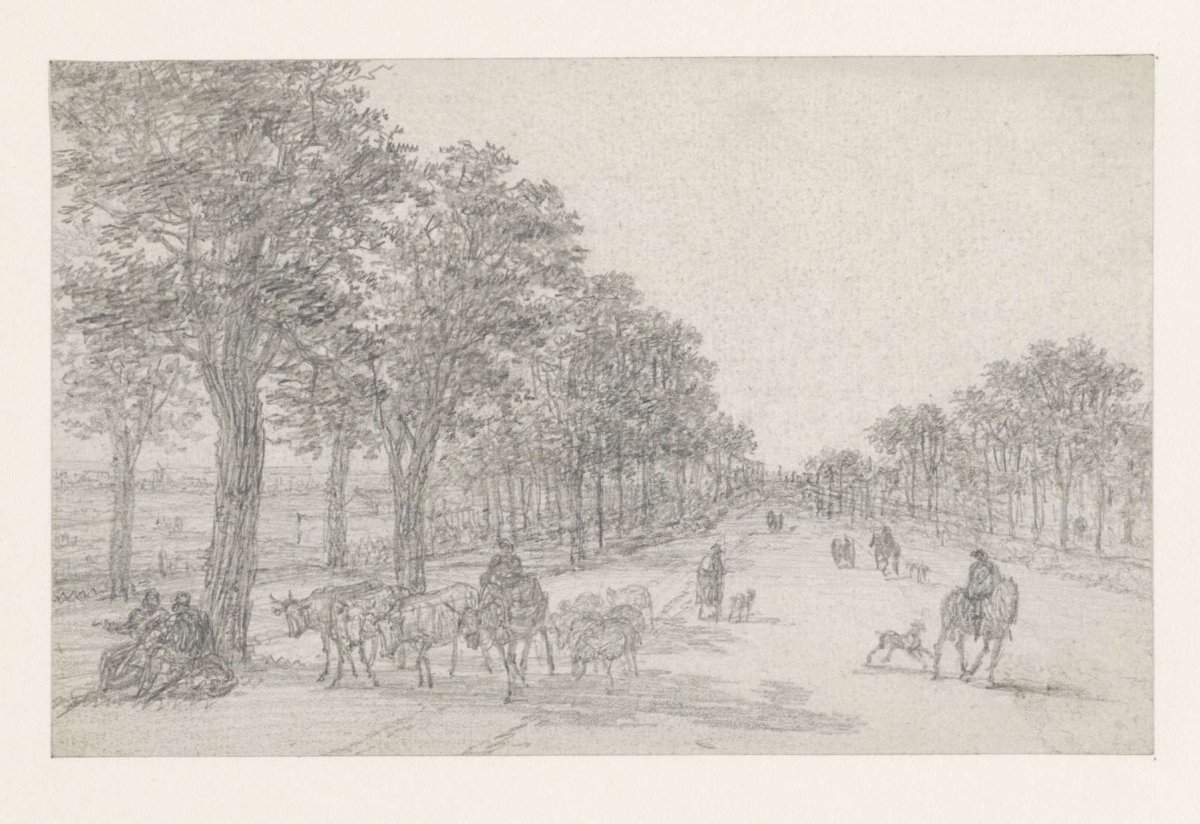 Tree-lined road with a shepherd with flock, man on horseback and passersby, Georges Michel, 1773 - 1843