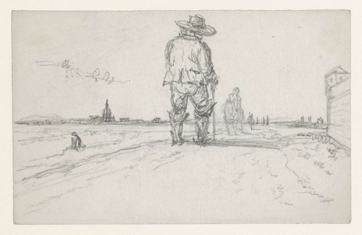 Country road near the city with walker seen from behind; the dome of the Invalides on the left, Georges Michel, 1773 - 1843