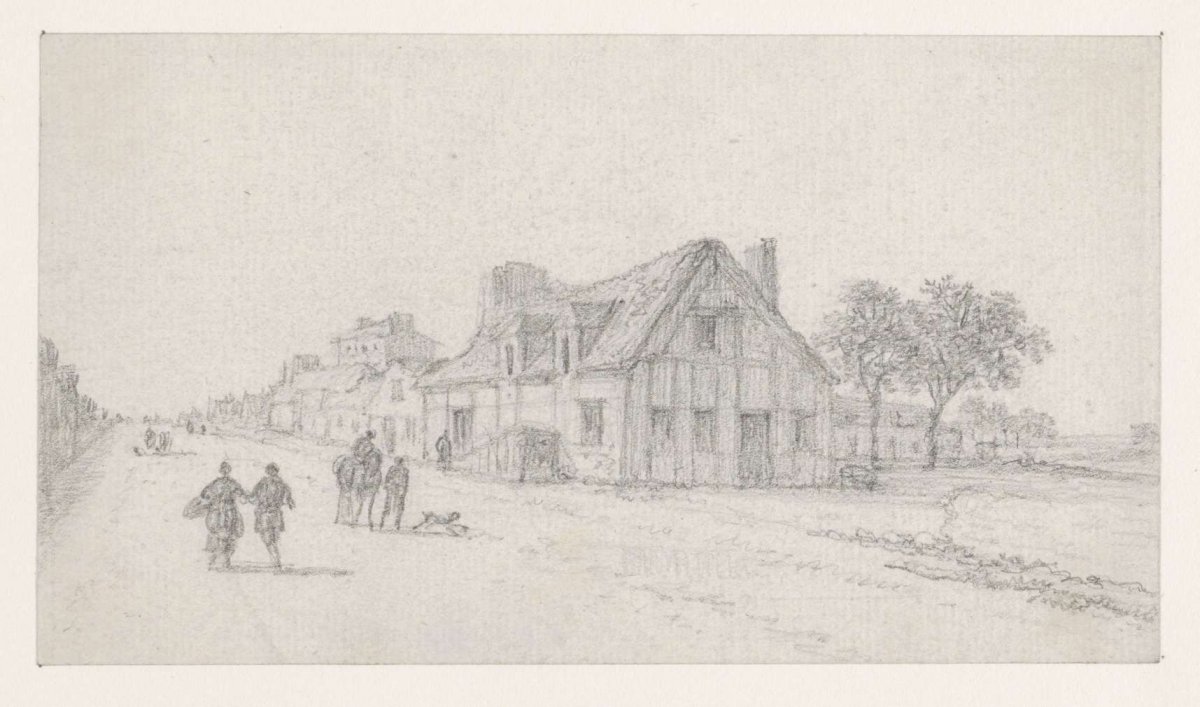 Country road with pedestrians and rider, a farm on the right, Georges Michel, 1773 - 1843