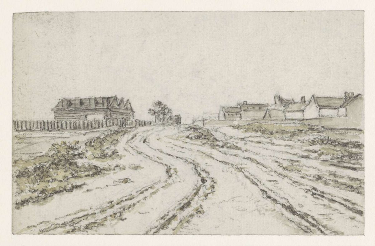 Road with deep cart tracks, in the distance houses left and right, Georges Michel, 1773 - 1843
