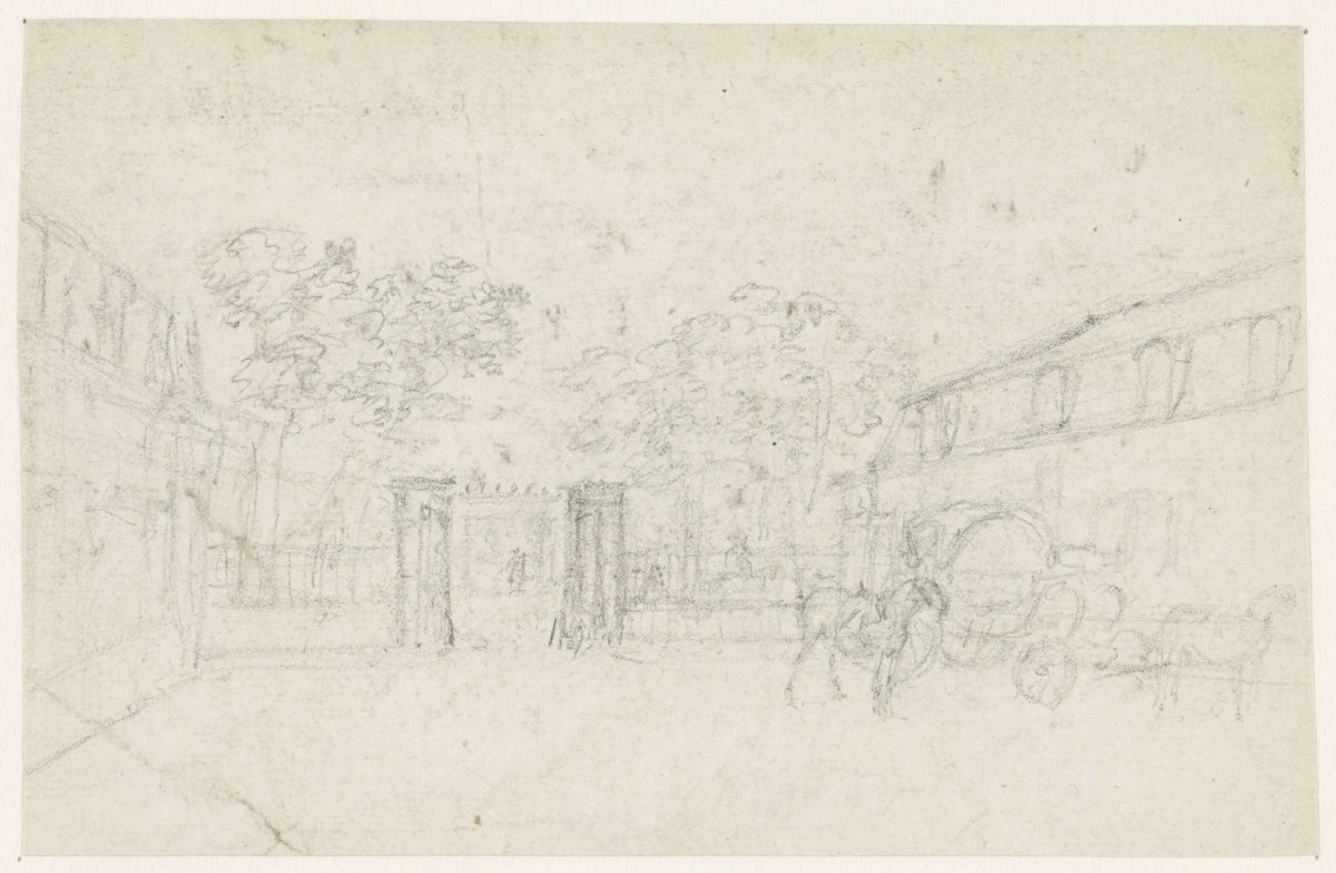 Stagecoach at a fence between two buildings, Georges Michel, 1773 - 1843