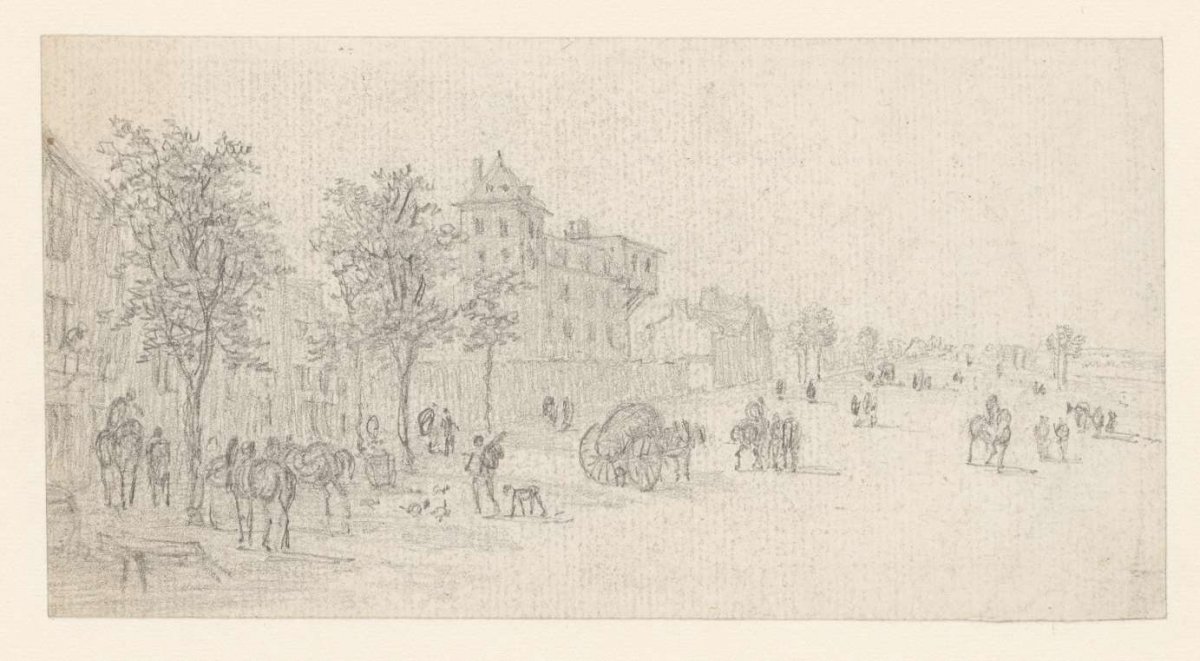 Plaza on the outskirts of the city, two harnessed horses on the left, Georges Michel, 1773 - 1843