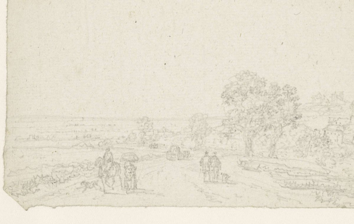 Country road with horseman, woman with suit on head, two pedestrians and a wagon, Georges Michel, 1773 - 1843
