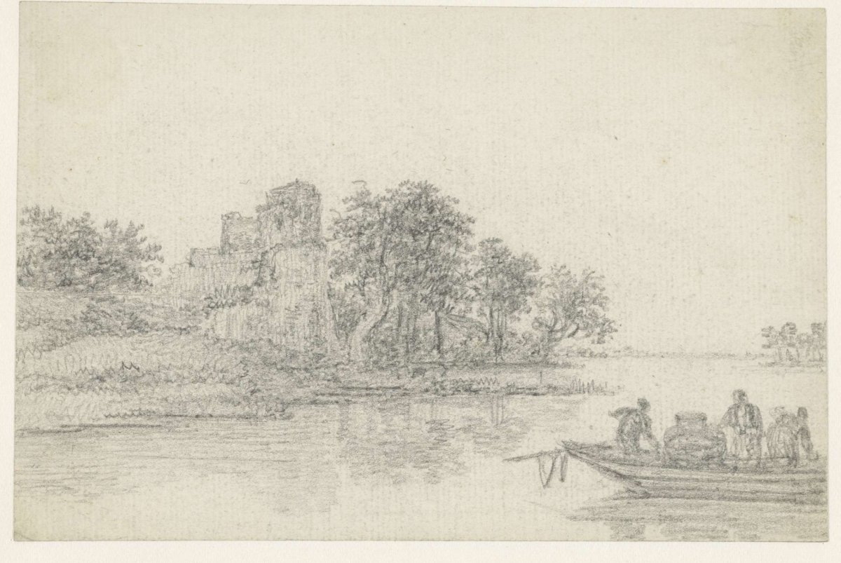 Ferry from a river; a ruin on the left, Georges Michel, 1773 - 1843