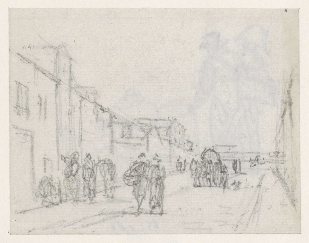 View down a street with pedestrians and a wagon, Georges Michel, 1773 - 1843