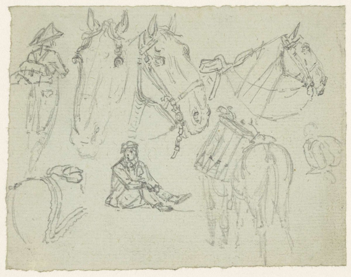 Horse heads and sketches of soldiers, Georges Michel, 1773 - 1843