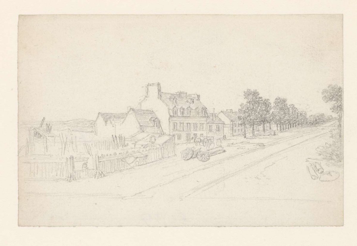 House with carpentry yard on a street road, Georges Michel, 1773 - 1843