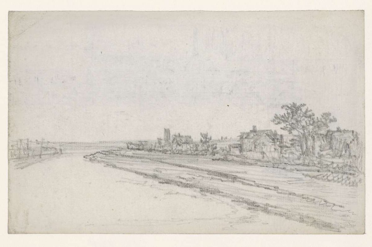 Rivier; rechts huizen, Georges Michel, 1773 - 1843