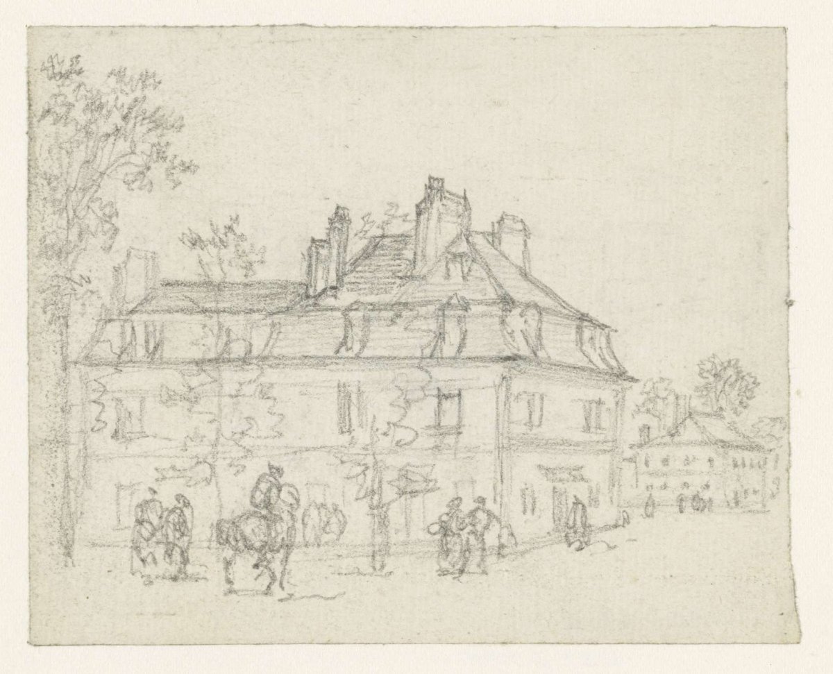 Three horsemen at a house with high, broken roof, Georges Michel, 1773 - 1843
