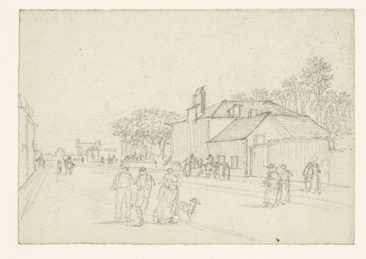 Passersby in a wide street, on the left a gendarme, a man, women and dog, Georges Michel, 1773 - 1843