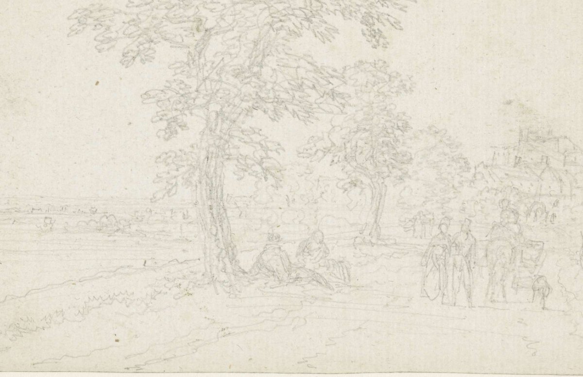 Hikers and a resting couple on a country road, Georges Michel, 1773 - 1843