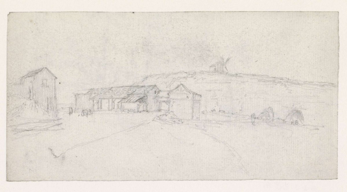 Farmhouses and a stable at the foot of a hill with a mill, Georges Michel, 1773 - 1843