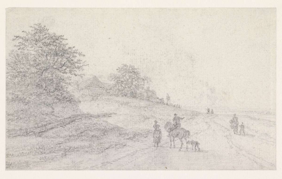 Rider with dog and a woman on a country road, Georges Michel, 1773 - 1843