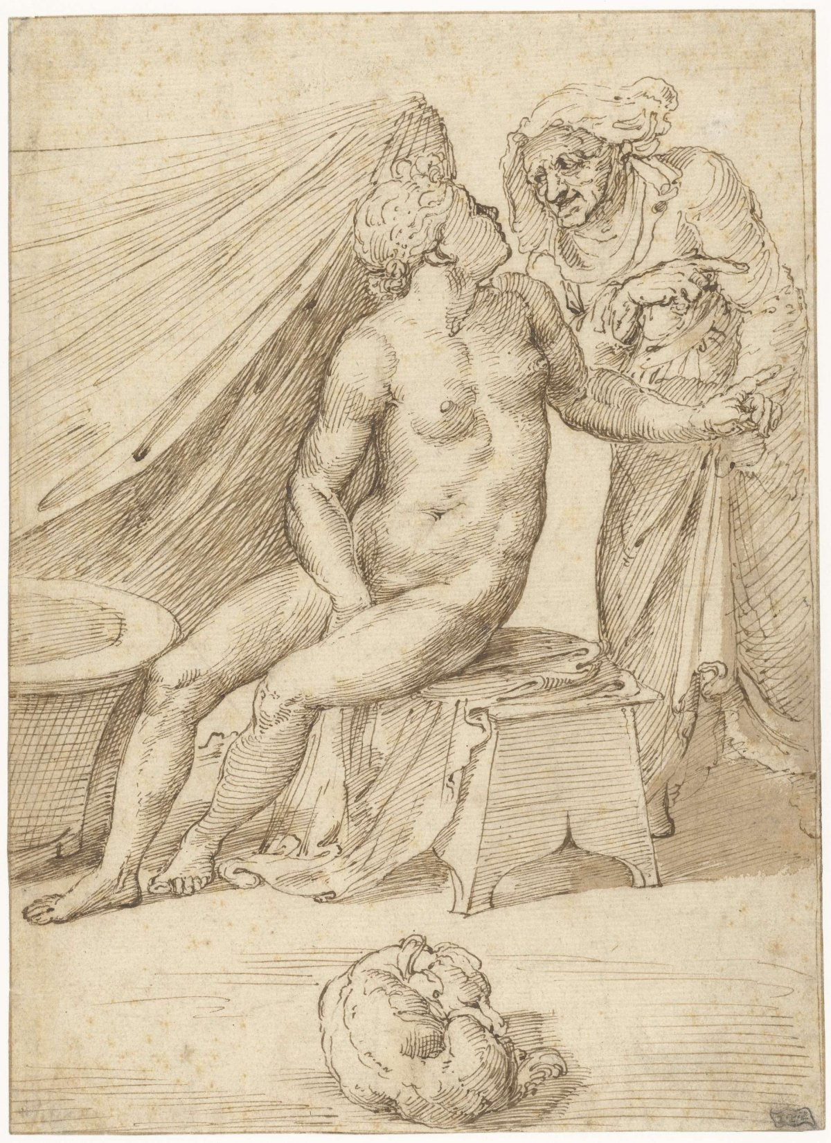 Old woman brings a message to a young woman seated by a bathtub, anonymous, 1540 - 1560