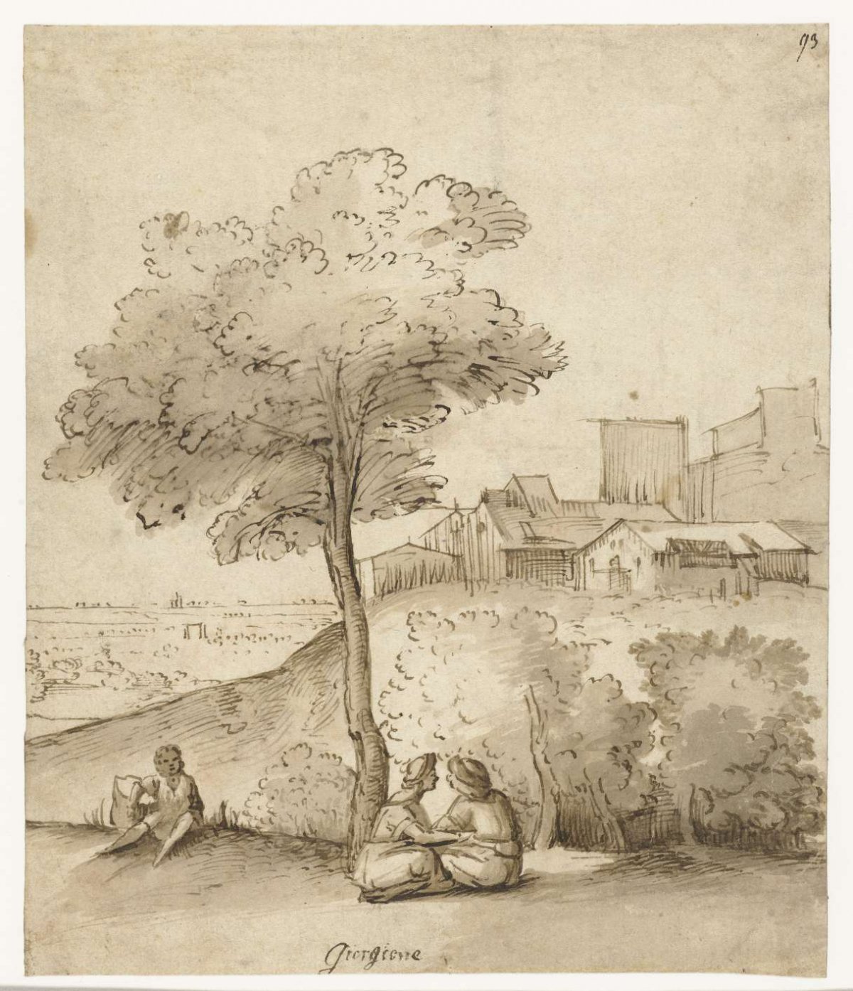 Italian landscape with some figures under a tree, anonymous, 1600 - 1699