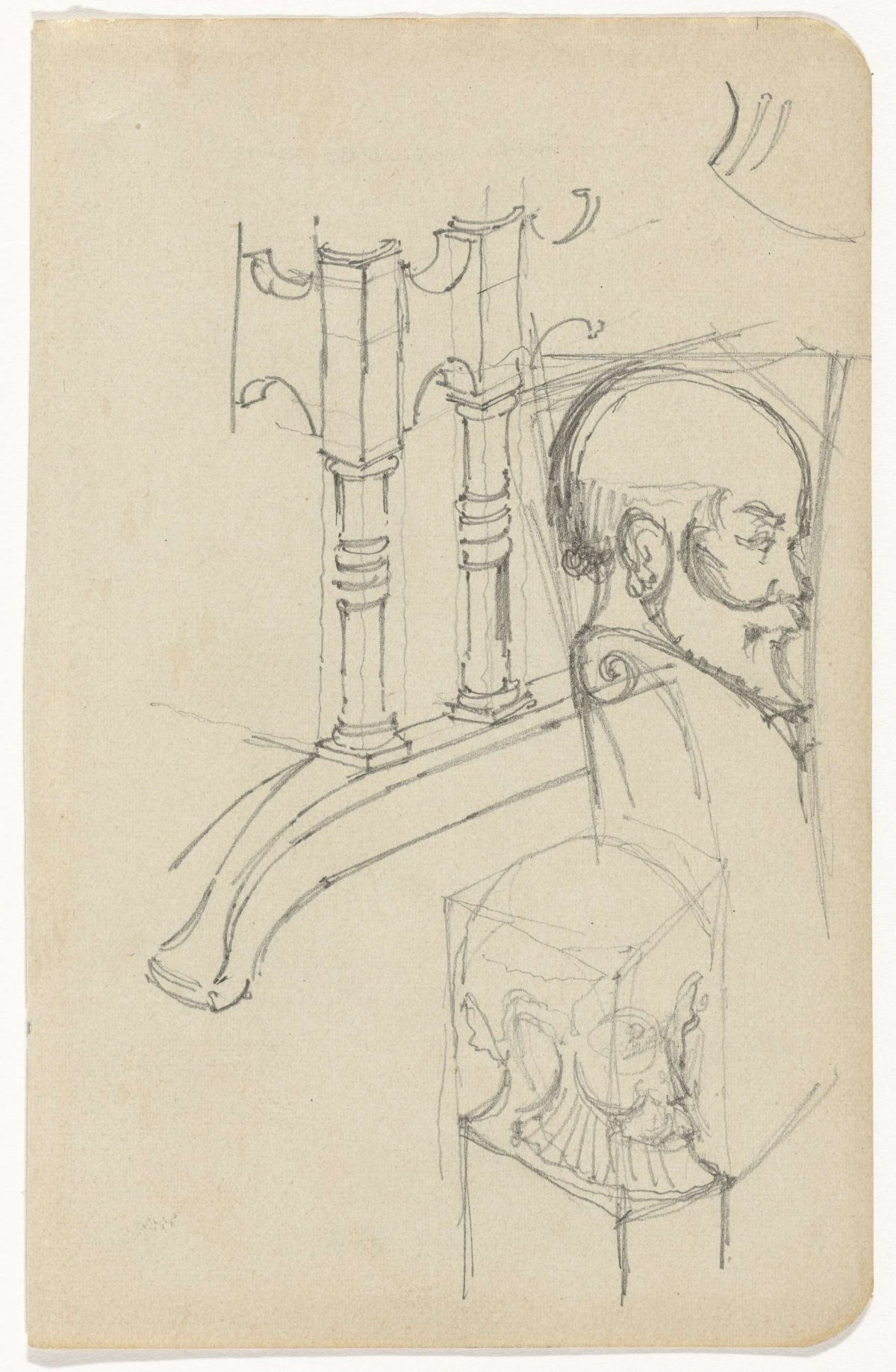 Sketch of the base of a table, and a carved handrail, Gerrit Willem Dijsselhof, 1876 - 1924