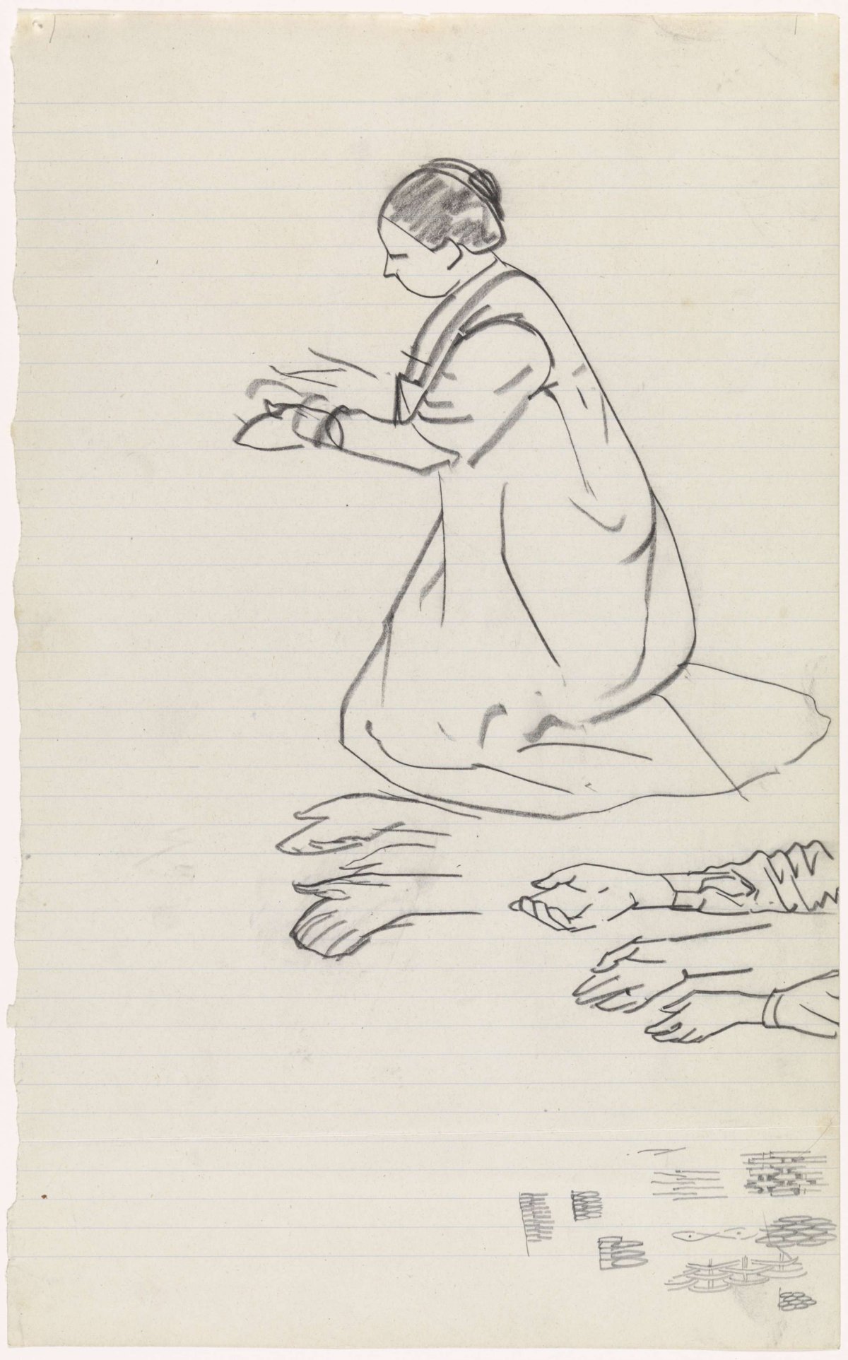 Kneeling woman and detail studies of hands, Gerrit Willem Dijsselhof, 1876 - 1901