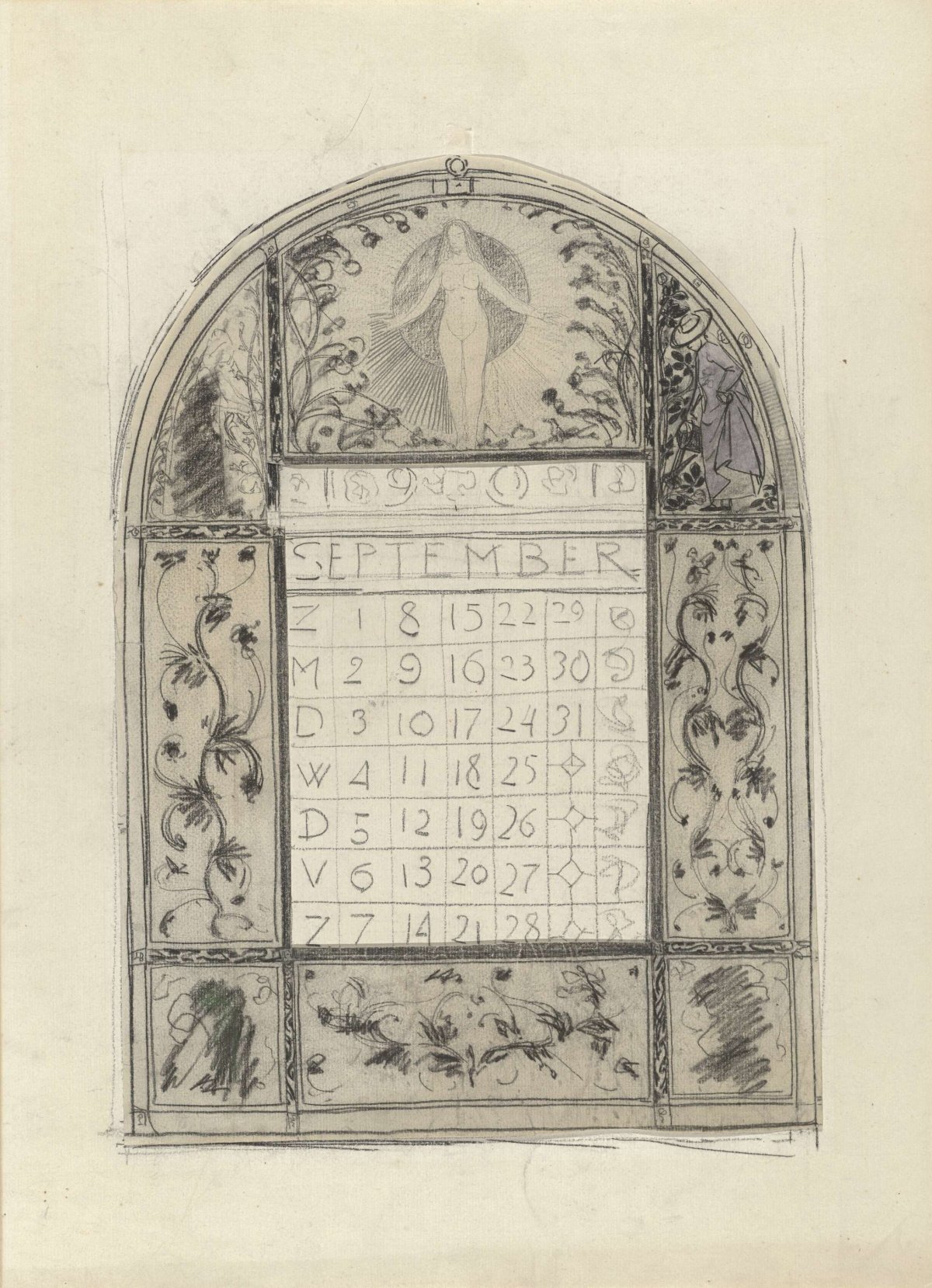 Design for 1901 calendar: ornamental border with standing nude woman and underlying leaf for the month of September, Gerrit Willem Dijsselhof, 1876 - 1924