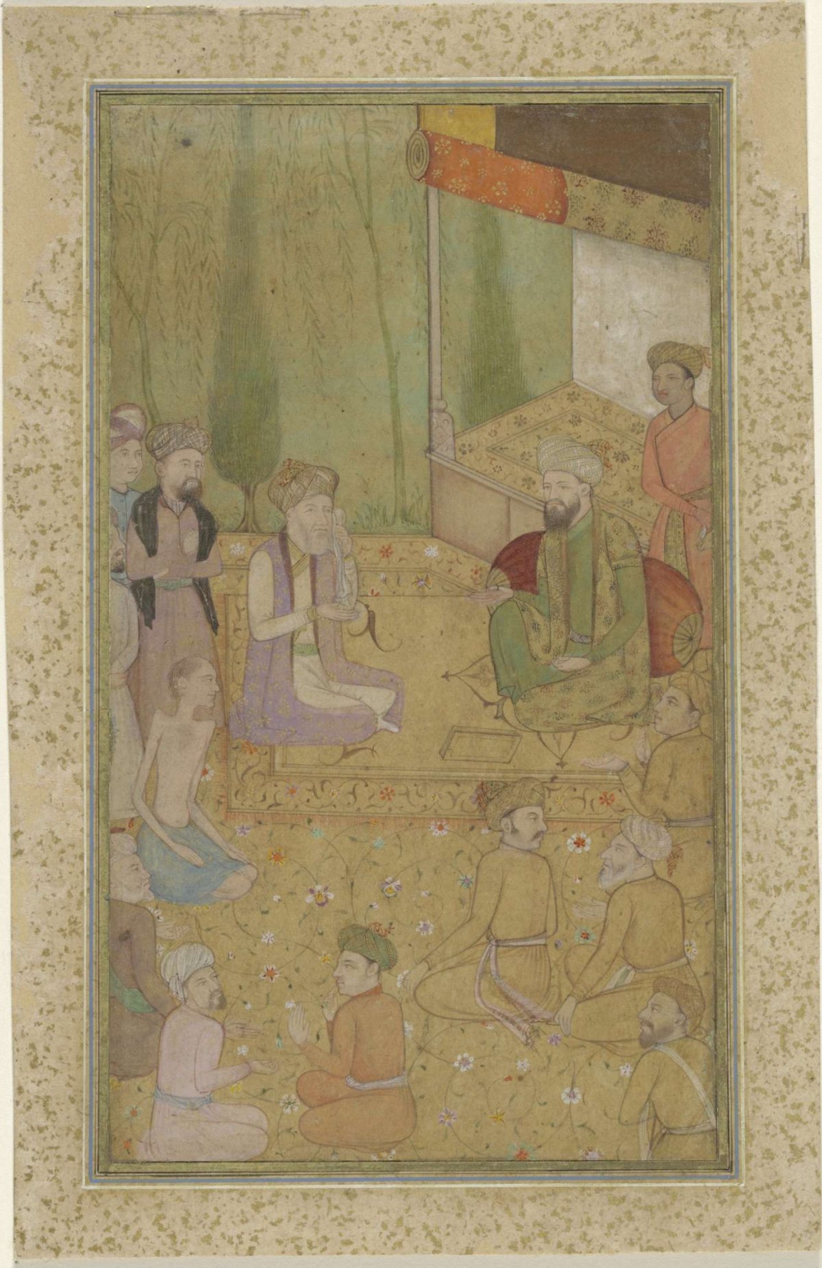 Asceet seated before a monarch and his court, anonymous, c. 1600