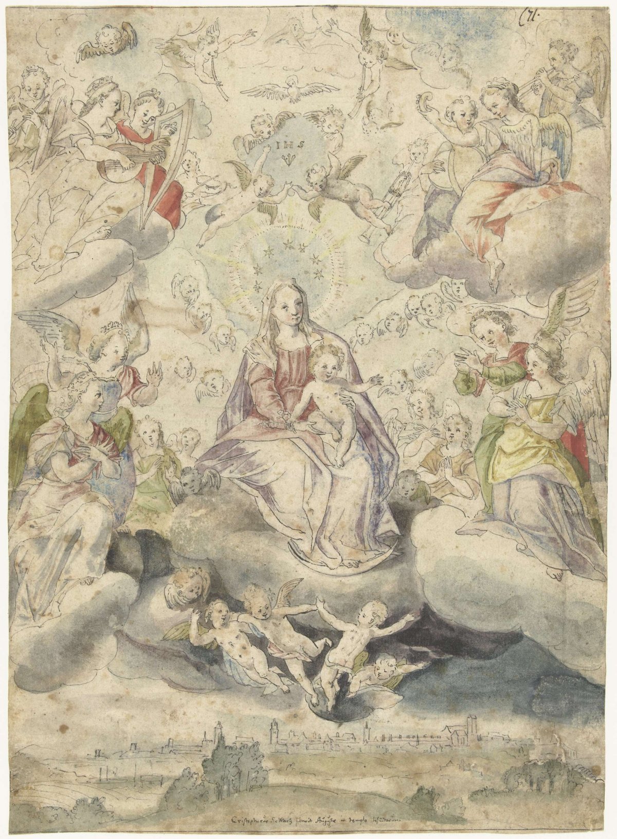 Mary and child on clouds amid angels and cherubs, anonymous, 1575 - 1600
