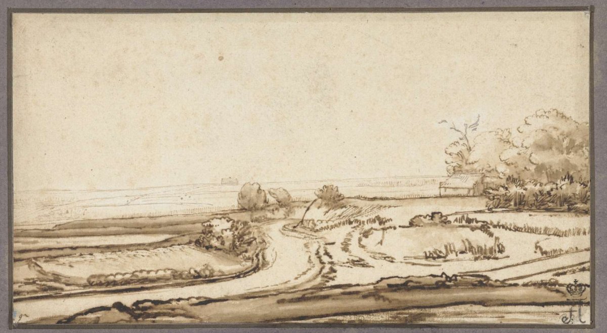 Rolling landscape with road and house at forest edge, Abraham Furnerius, 1638 - 1654