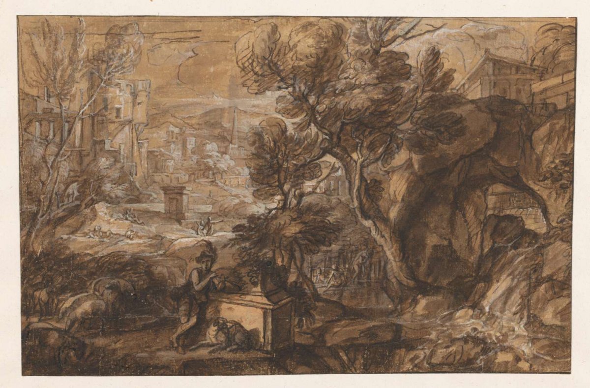 Landscape with shepherd near ancient sarcophagus, Sébastien Bourdon, 1626 - 1671