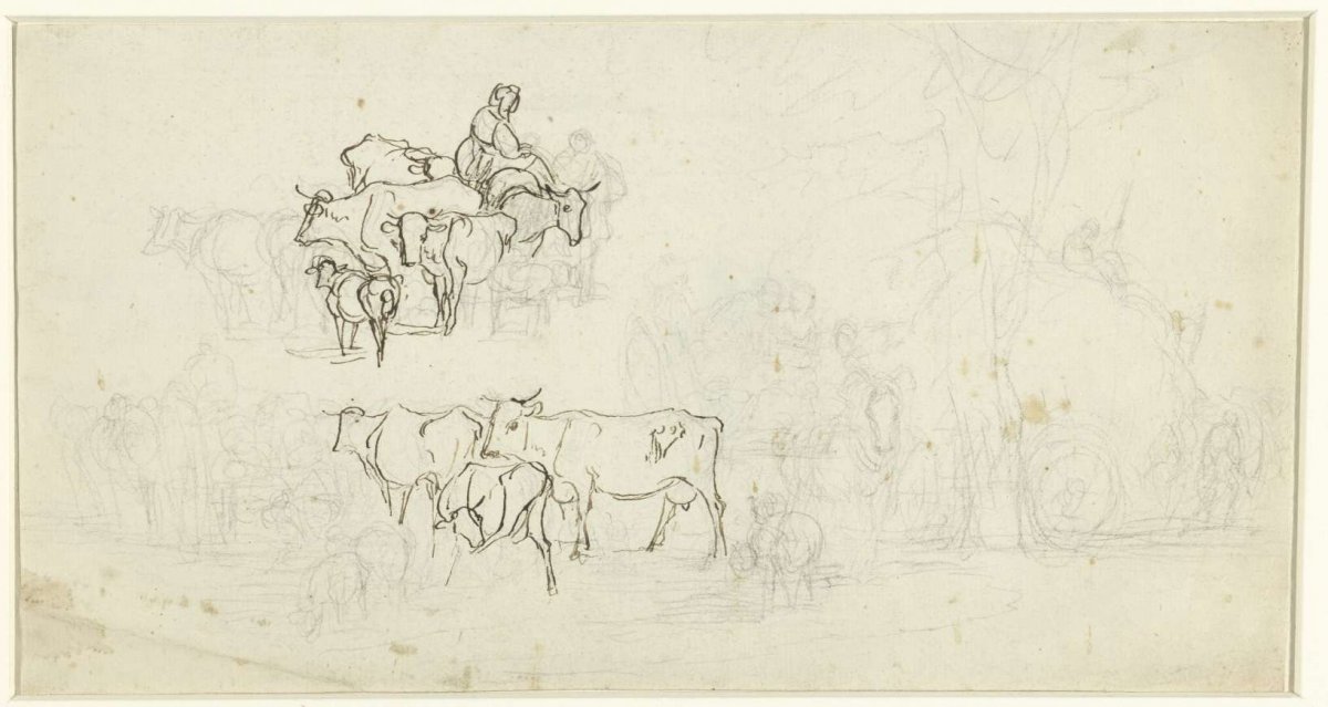 Studies of groups of cattle, a farm cart and a hay wagon, Jean Louis Demarne, 1754 - 1829