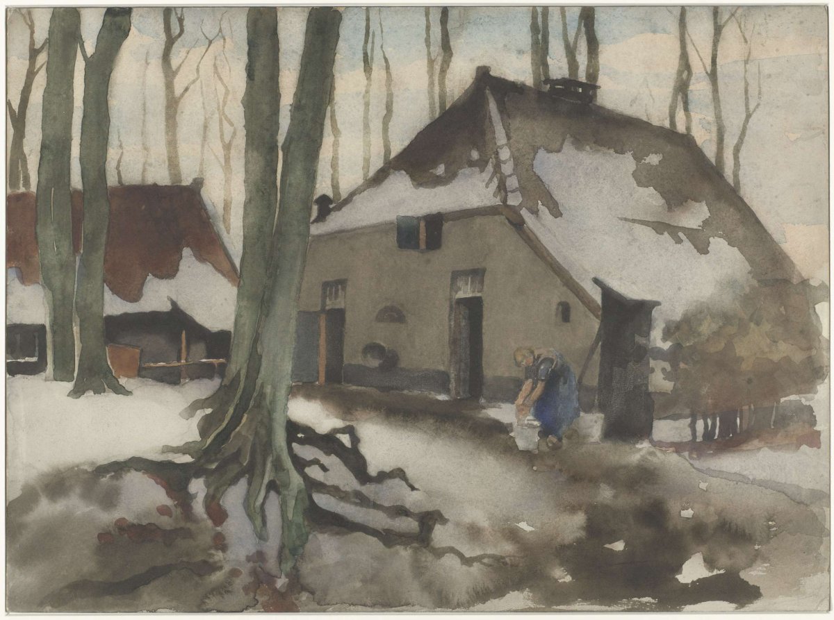 Woman in front of a house in a snowy forest, Willem Witsen, 1870 - 1923