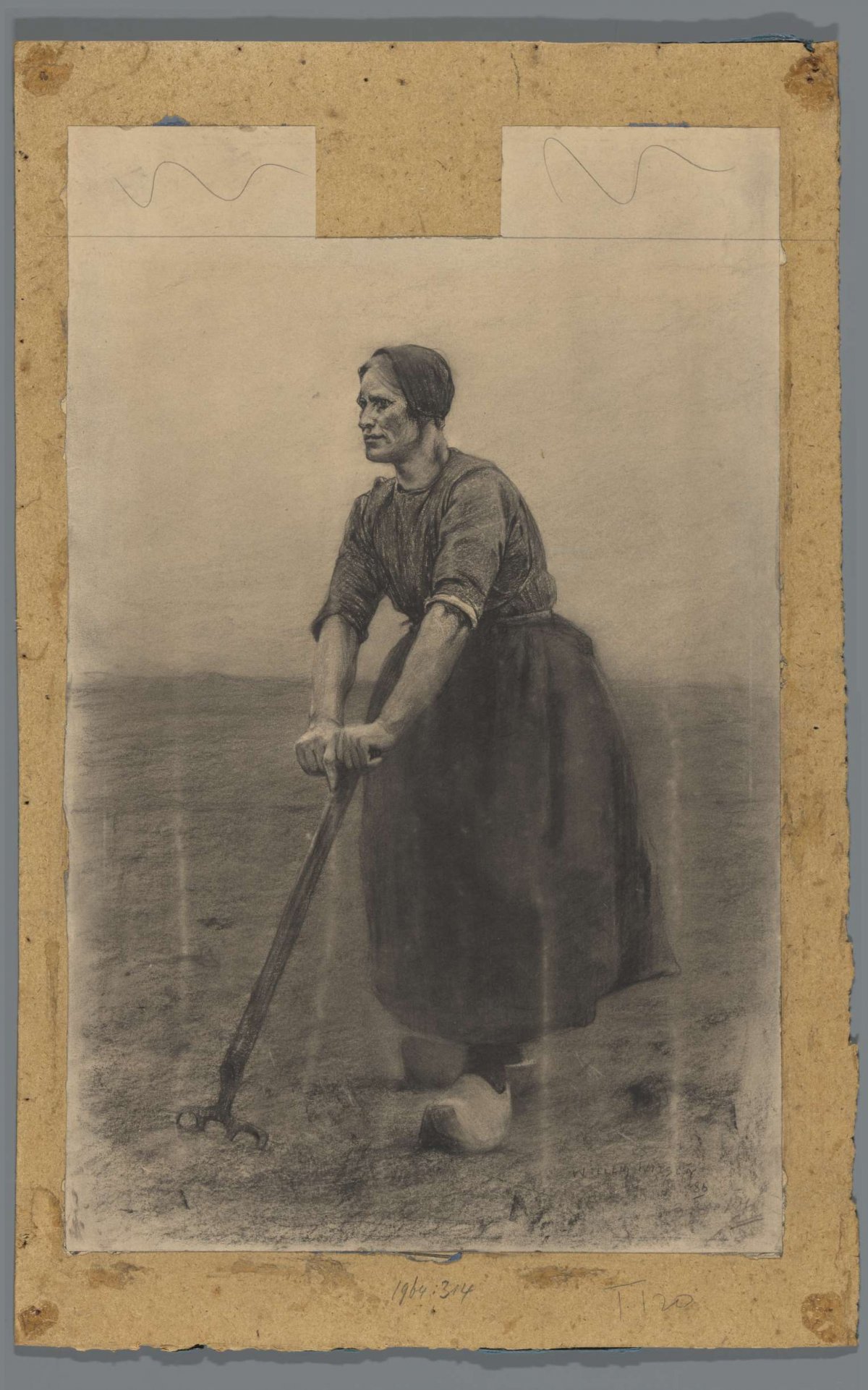 Peasant woman, standing leaning on a pitchfork, Willem Witsen, 1885 - 1886