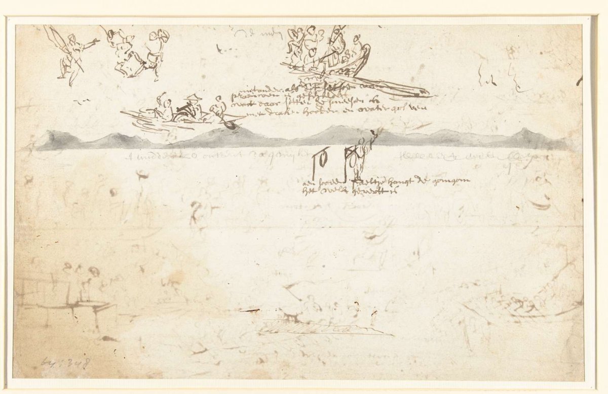 Sketches of a landscape and figures in boats, Wouter Schouten, c. 1660
