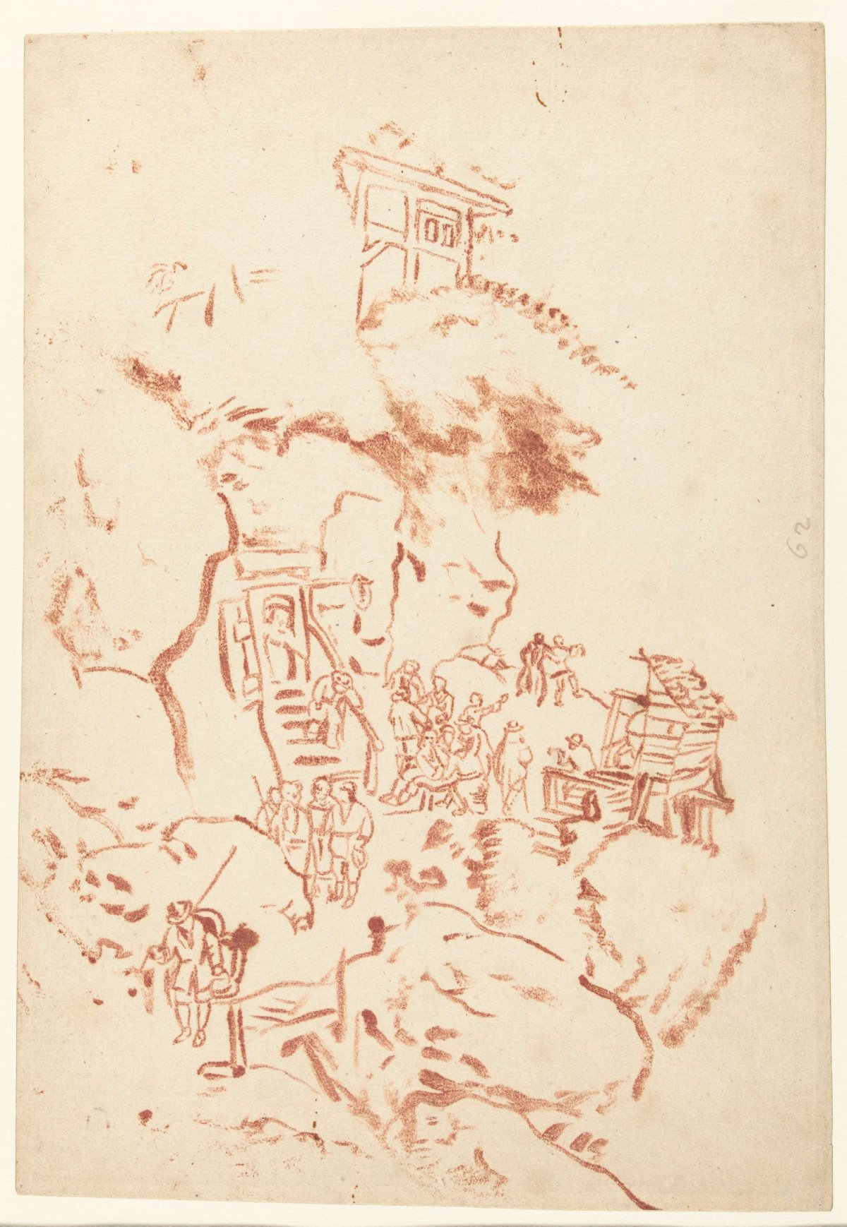 Mountainside with rock dwellings, anonymous, c. 1700