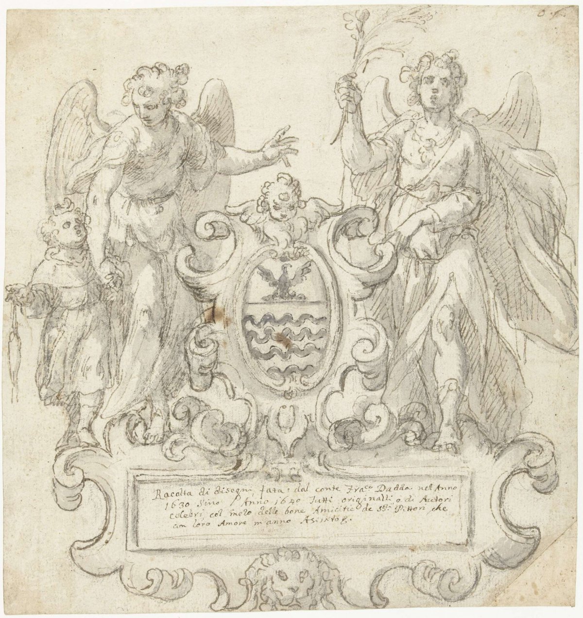 Title page for a collector's album with a coat of arms flanked by two angels, anonymous, 1600 - 1625