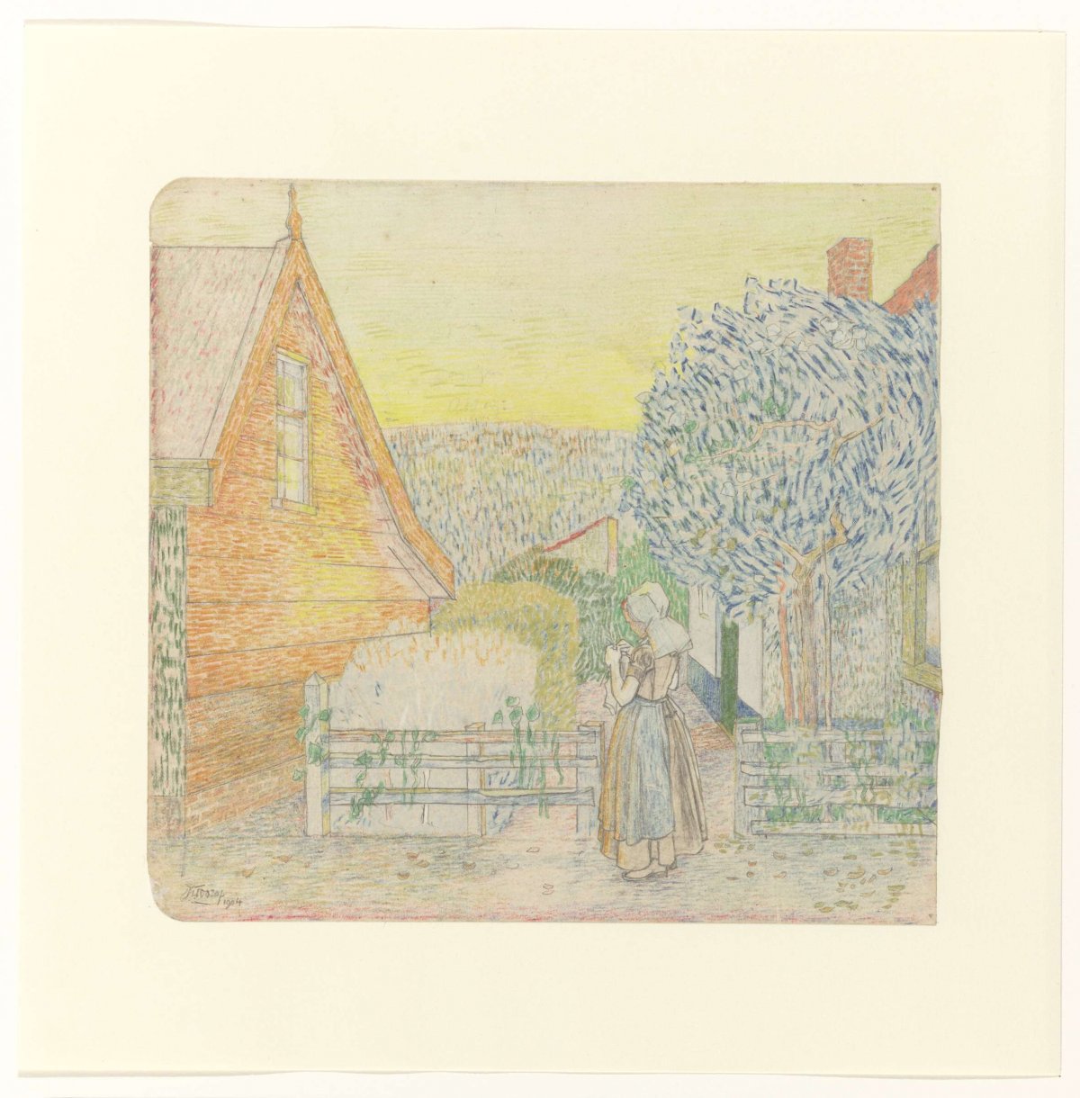 Zeeland girl, knitting in a courtyard, Jan Toorop, 1904