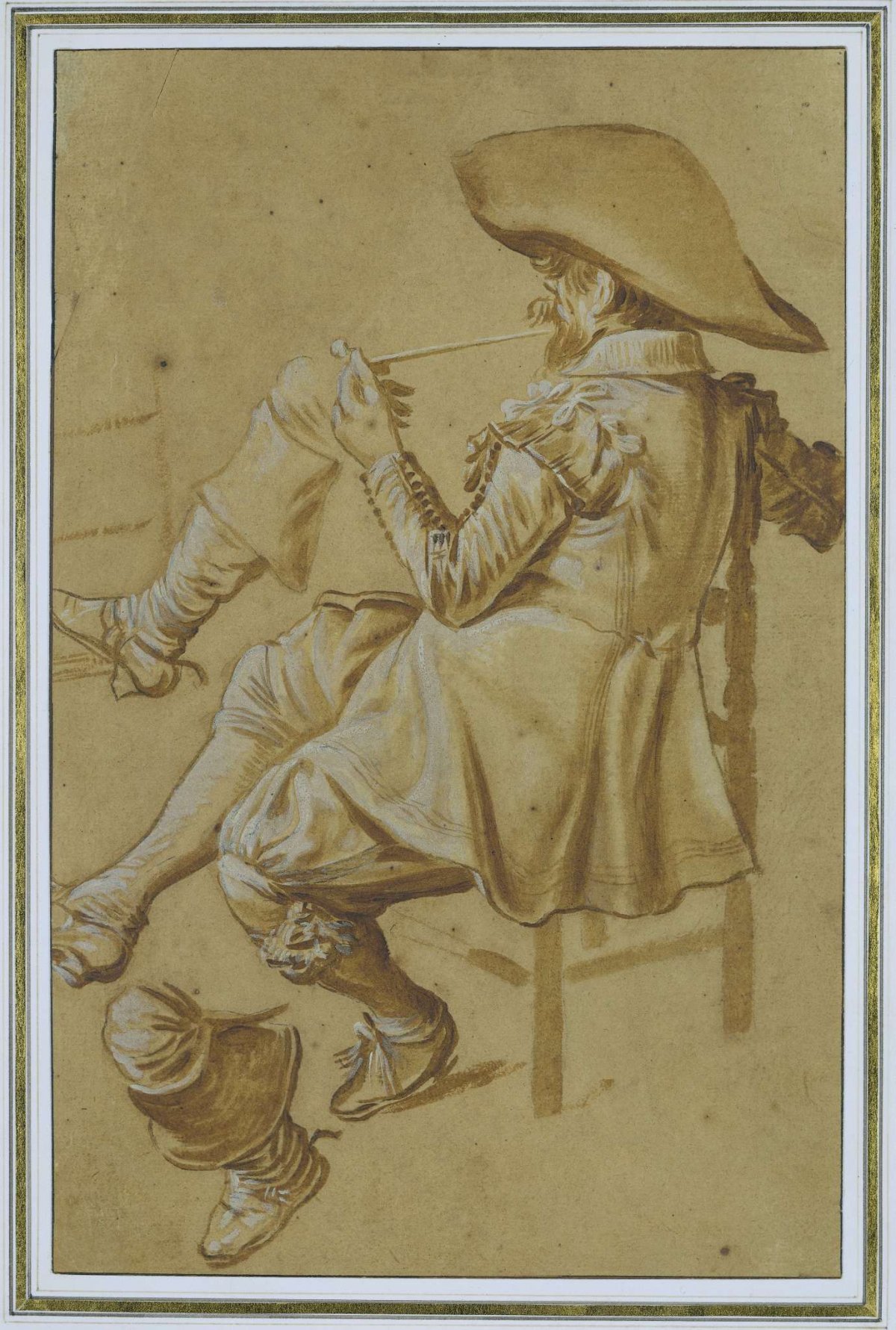 Seated pipe smoker and two lower legs, Dirck Hals, 1622 - 1627