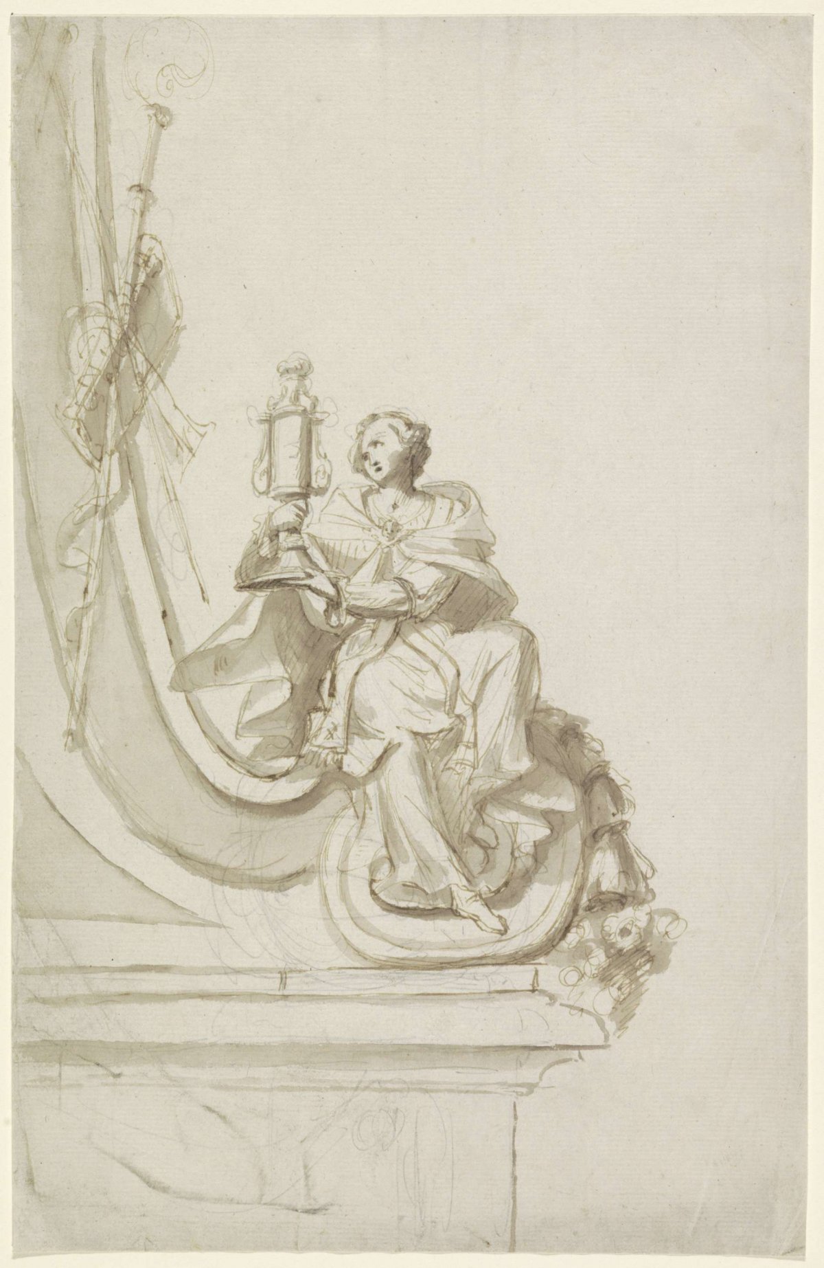 Volute with seated woman, anonymous, 1700 - 1800