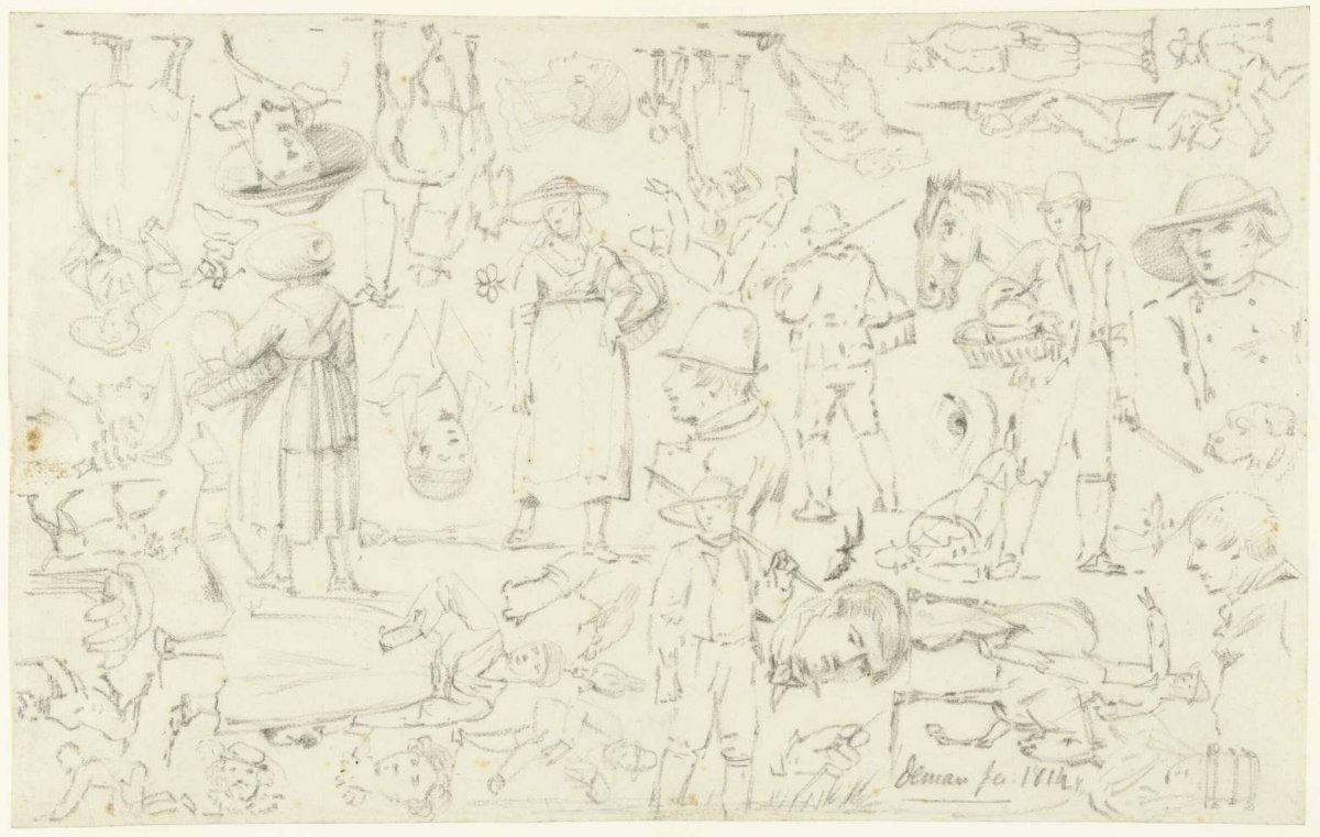 Sketch sheet with many figures and animals, Anthonie Willem Hendrik Nolthenius de Man, 1814